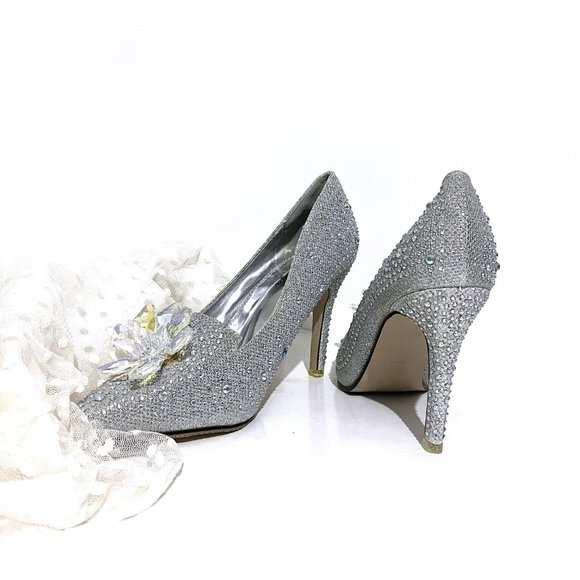 Geyunya Glitter Silver Sparkle Crystal Effect Cinderella Bridal Prom Heels - Picture 7 of 17